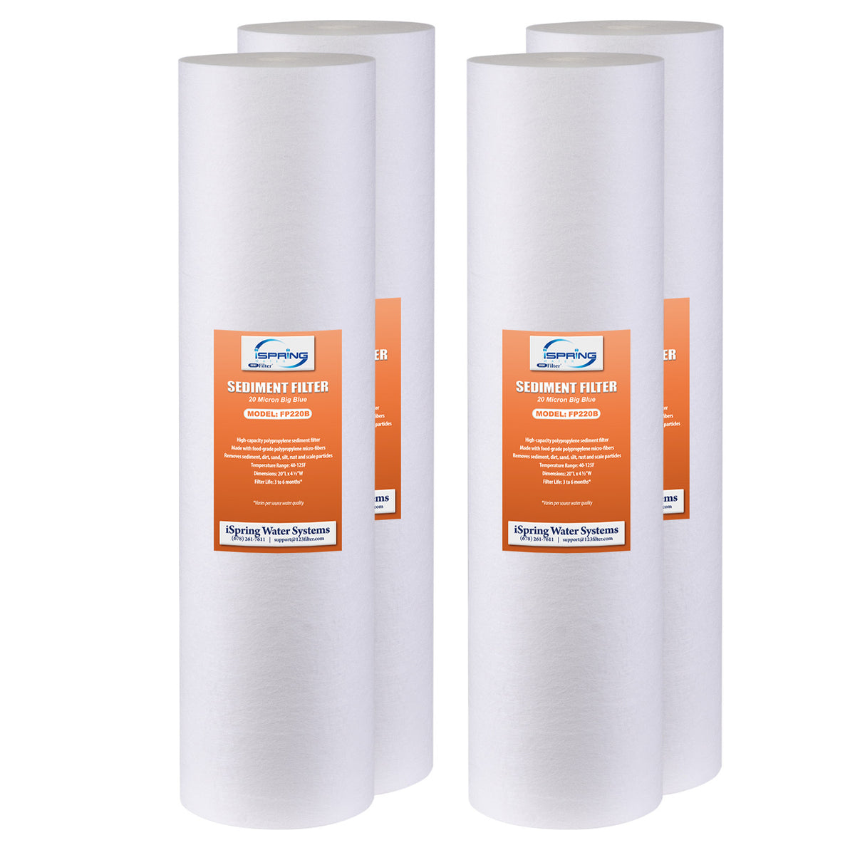 iSpring FP220BX4 20” x 4.5” Water Filter Replacement Cartridges, Sediment Filter, 20 Micron, Fits Whole House Water Filtration Systems, Pack of 4