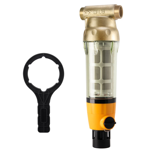 iSpring WSPB Large Reusable Whole Spin-down Sediment Water Filter with Scraper and Brass Top Clear Housing, 50 Micron