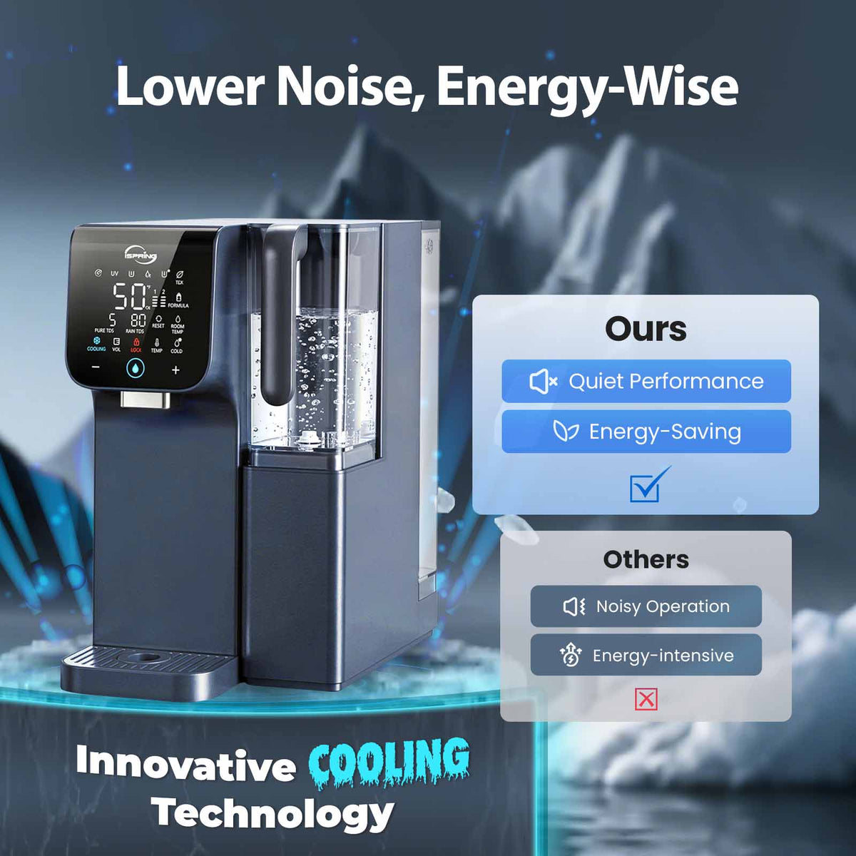 iSpring RCD100UHCG UV Alkaline Hot & Cold Reverse Osmosis Water Filter, Countertop RO Water Filter Dispenser with Mineral &amp; LED Ultraviolet Filter, 9 Temperature Options, TDS &amp; Filter Life Monitor, Plug and Play