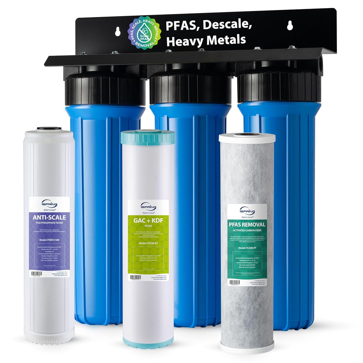 iSpring WGB32B-PFKDS Whole House Water Filter System, Ultimate PFAS, Scale, Heavy Metals Protection Removes Up to 99% PFOA & PFOS with SGS-Tested Media, Reduces Corrosion, Lead, 3-Stage Filtration 20” x 4.5” Filters, 1” NPT Inlet/Outlet
