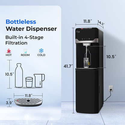 iSpring Bottleless Water Dispenser with 4-Stage Filtration, SGS-Tested 99% of PFAS Removal, Water Cooler Dispenser - Hot, Cold, Room Temp, Self Cleaning, Black, Model: DS4B-PF