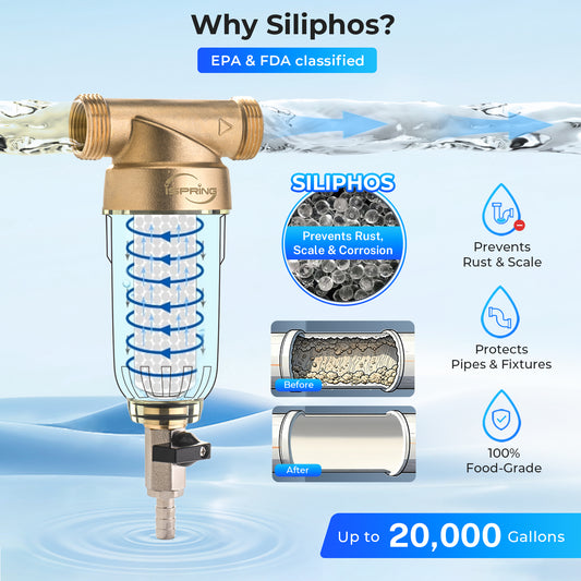 iSpring WSP-SL Reusable Whole House Spin Down Sediment Water Filter Softener, Includes Siliphos Helps Prevent Scale and Corrosion, 1" MNPT 3/4" FNPT