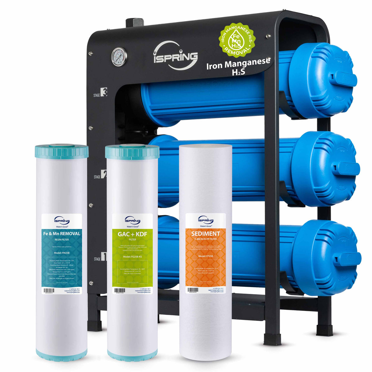 iSpring WHO32B-MKS Iron, Manganese, H2S Whole House Water Filter System, Horizontal Housings & Drain Valve for Spill-Free Filter Changes, Also Removes Chlorine, Sediments & Heavy Metals, Freestanding Metal Frame
