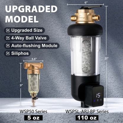 iSpring WSPSL-ARJ-BP NSF Certified, Whole House Spin Down Sediment Water Filter, 4 Modes Bypass, Includes Siliphos Helps Prevent Scale, Clear Housing, Jumbo Size, Touch-Screen Auto Flushing