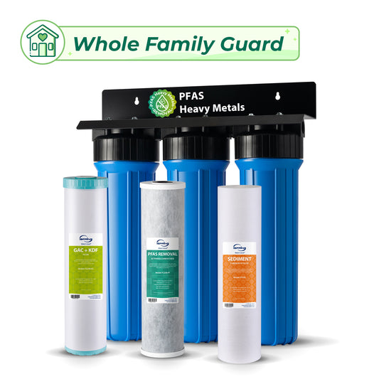 iSpring WGB32B-PFKS PFAS & Heavy Metals Whole House Water Filter System, SGS-Tested to Reduce Up to 99% PFOA & PFOS, 3-Stage Filtration Removes Sediment, Lead, Chlorine, Taste & Odor, 20” x 4.5” Filters, 1” Inlet/Outlet