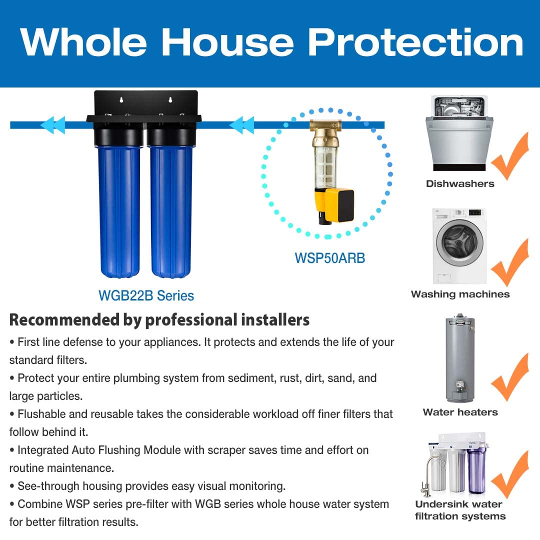 iSpring WGB22B 2-Stage Whole House Water Filtration System, 20” x 4.5” Sediment & Carbon Block Filters, Removes up to 99% Chlorine, Fine Sediment and Bad Taste Removal