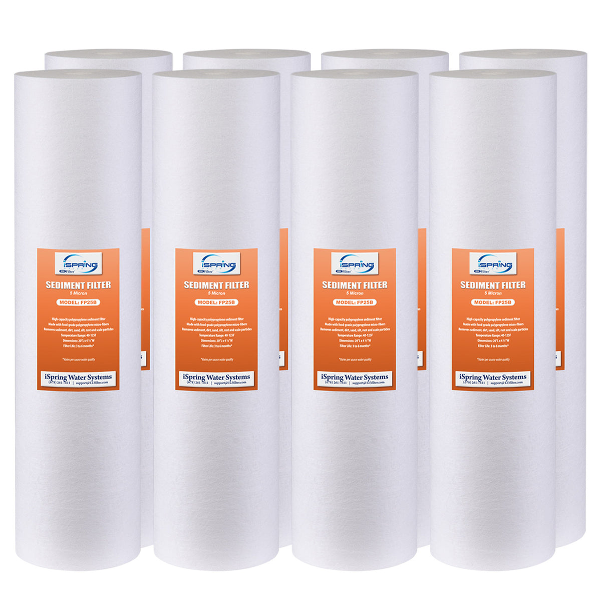 iSpring FP25BX8 20” x 4.5” Water Filter Replacement Cartridges, Fine Sediment Filters, 5 Micron, Fits Whole House Water Filtration Systems, Pack of 8