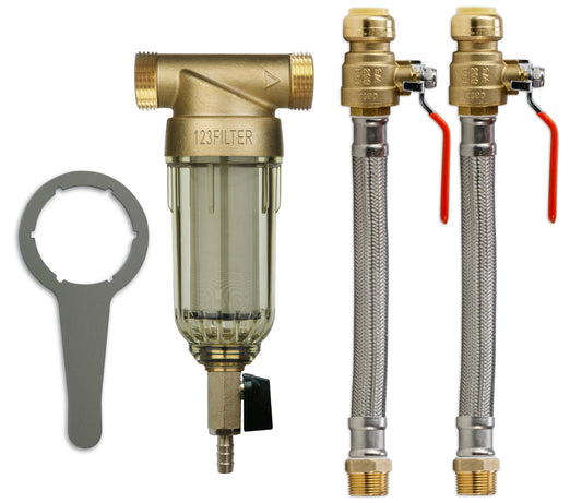 iSpring WSP50+AHPF12MNPT12X2 Reusable Spin Down Sediment Water Filter with Push Fit Ball Valve