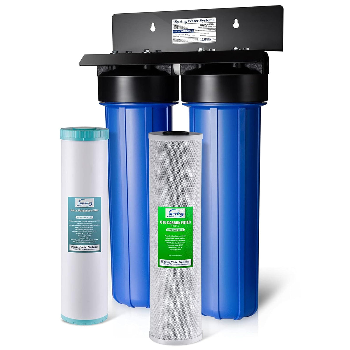 iSpring WGB22BM Whole House Water Filter System, Highly Reduces Iron, Manganese, Chlorine, Taste, Odor, 2-Stage Whole House Water Filtration System, 1" NPT Inlet/Outlet