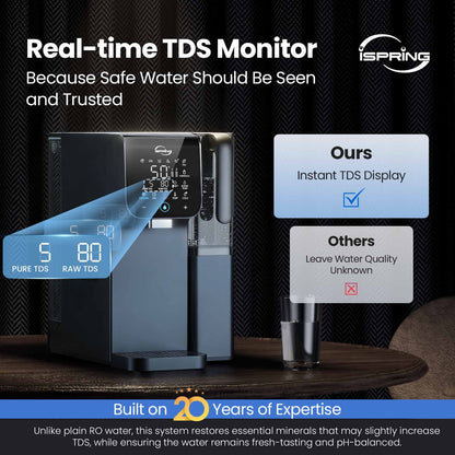 iSpring RCD100UHCG UV Alkaline Hot & Cold Reverse Osmosis Water Filter, Countertop RO Water Filter Dispenser with Mineral &amp; LED Ultraviolet Filter, 9 Temperature Options, TDS &amp; Filter Life Monitor, Plug and Play