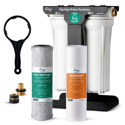 iSpring CW21-PF 2-Stage RV Water Filtration System, SGS-Tested PFAS Removal, High-Capacity Tankless Design, Durable 3/4‘’ Lead-Free Brass Connectors for RV Campers
