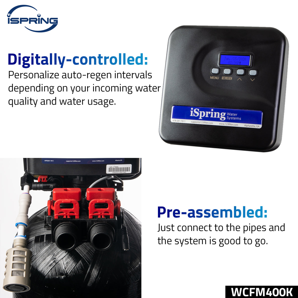iSpring WCFM400K Whole House Central Iron and Manganese Water Filter Filtration System, Digital Controlled Automatic Regeneration and Air Injection, Set &amp; Forget