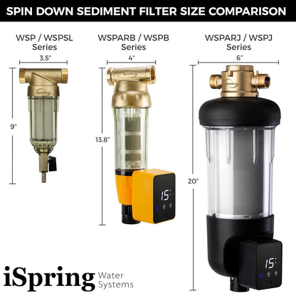 iSpring WSPARB Spin Down Sediment Water Filter, Reusable with Touch-Screen Auto Flushing Module and Built-in Housing Scraper, Brass Top Clear Housing