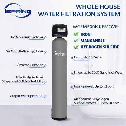 iSpring WCFM500K Iron, Manganese, and Hydrogen Sulfide Water Filtration System, Whole House or Well Water, Set &amp; Forget, Last up to 10 Years