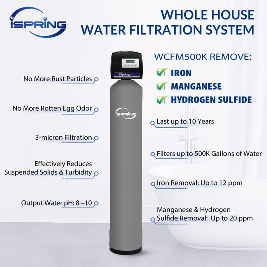 iSpring WCFM500K Iron, Manganese, and Hydrogen Sulfide Water Filtration System, Whole House or Well Water, Set &amp; Forget, Last up to 10 Years