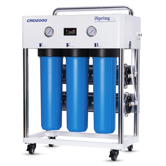 iSpring CRO2000 4-Stage Tankless Commercial Reverse Osmosis Drinking Water Filtration System w/ Pumps, Pressure Gauges, and Freestanding Stainless Steel Bracket, for Restaurants and Small Businesses
