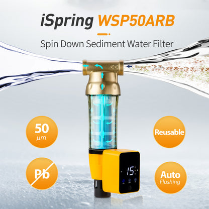 iSpring WSPARB Spin Down Sediment Water Filter, Reusable with Touch-Screen Auto Flushing Module and Built-in Housing Scraper, Brass Top Clear Housing