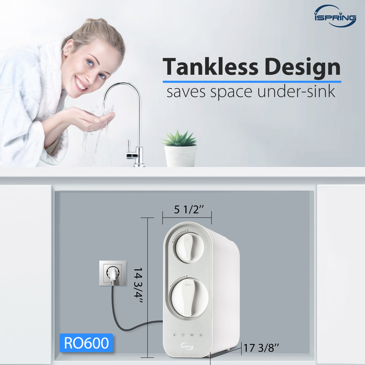 iSpring RO600-BN Tankless RO Reverse Osmosis Water Filtration System, 600 GPD Fast Flow, Brushed Nickel Faucet, 2.5:1 Pure to Drain Ratio