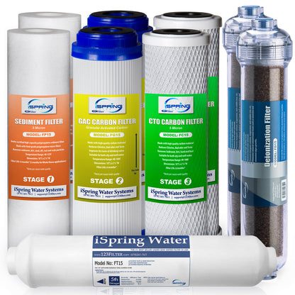 iSpring F9D 10" x 2.5"; Standard 1-Year Water Filter Replacement Cartridges with Deionization Filters, 9-piece