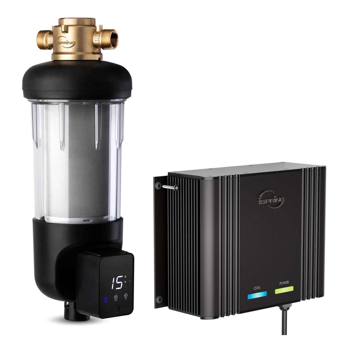 iSpring WSP50ARJ+EDV2 Whole House Spin-Down Sediment Filter &amp; Electronic Descaler Bundle, 50-Micron Reusable Filter Removes Sand, Dirt, Silt and Rust, Touch-Screen Auto-Flush, Limescale Build-up Solution
