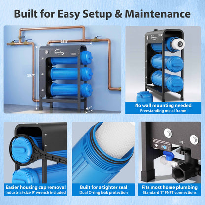 iSpring WHO32B-MKS Iron, Manganese, H2S Whole House Water Filter System, Horizontal Housings & Drain Valve for Spill-Free Filter Changes, Also Removes Chlorine, Sediments & Heavy Metals, Freestanding Metal Frame