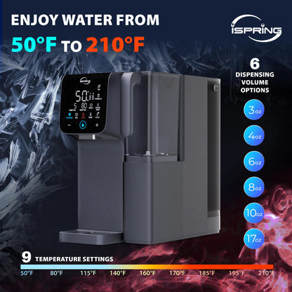 iSpring Countertop RO Alkaline Water Dispenser, 9 Hot &amp; Cold Temperature options, 6 Dispensing Volume Settings, TDS &amp; Filter Life Monitor, w/up to 2-Year Replacement Filter Set (Model: RCD100HCG)
