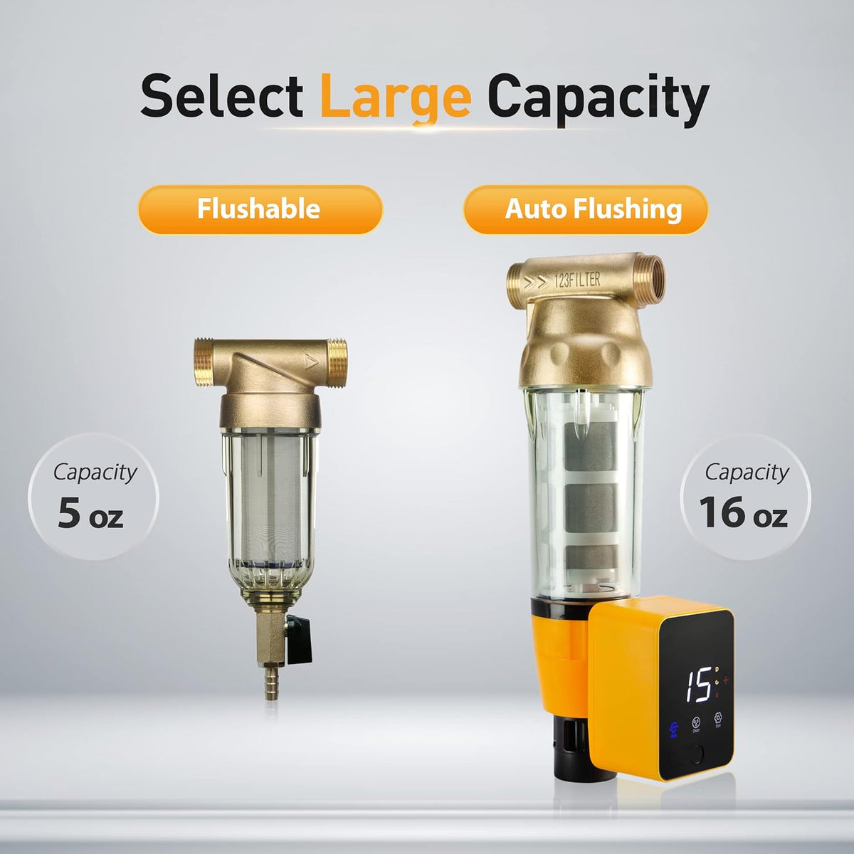 iSpring WSPARB Spin Down Sediment Water Filter, Reusable with Touch-Screen Auto Flushing Module and Built-in Housing Scraper, Brass Top Clear Housing