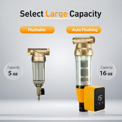 iSpring WSPARB Spin Down Sediment Water Filter, Reusable with Touch-Screen Auto Flushing Module and Built-in Housing Scraper, Brass Top Clear Housing