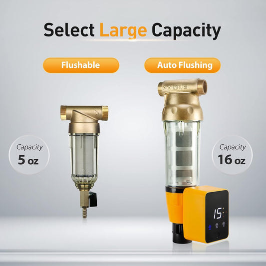 iSpring WSPARB Spin Down Sediment Water Filter, Reusable with Touch-Screen Auto Flushing Module and Built-in Housing Scraper, Brass Top Clear Housing
