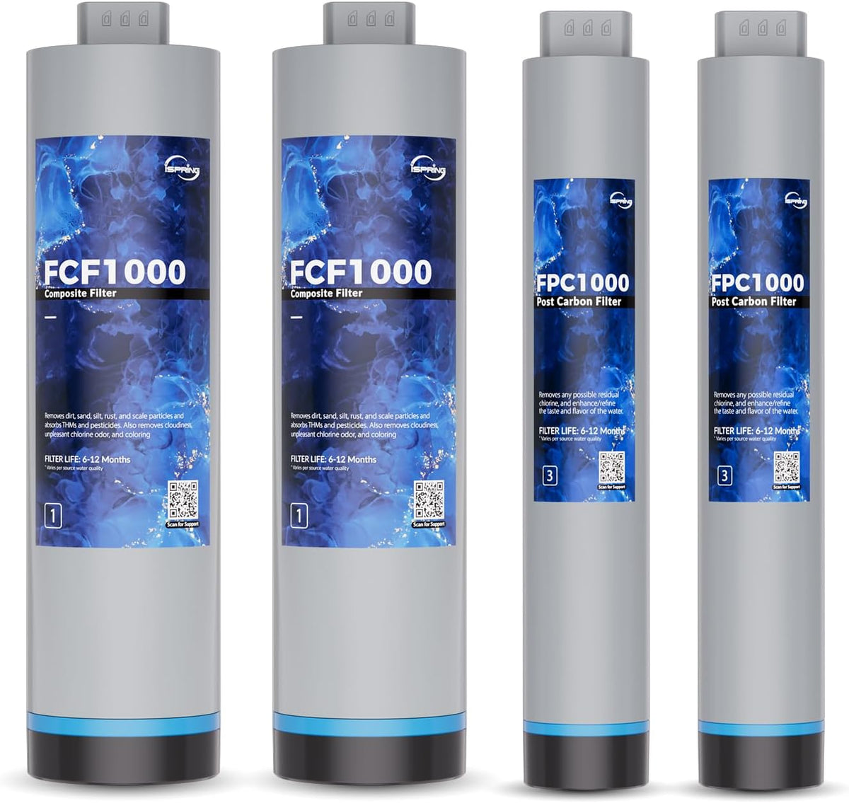 iSpring RO1000 Filter Set,2x FCF1000 & 2x FPC1000 for Stages 1 & 3, Lasts 20-24 Months Based on Use &amp; Water Quality, Compatible with RO1000-BN/RO1000-ORB 1000 GPD Tankless RO Systems