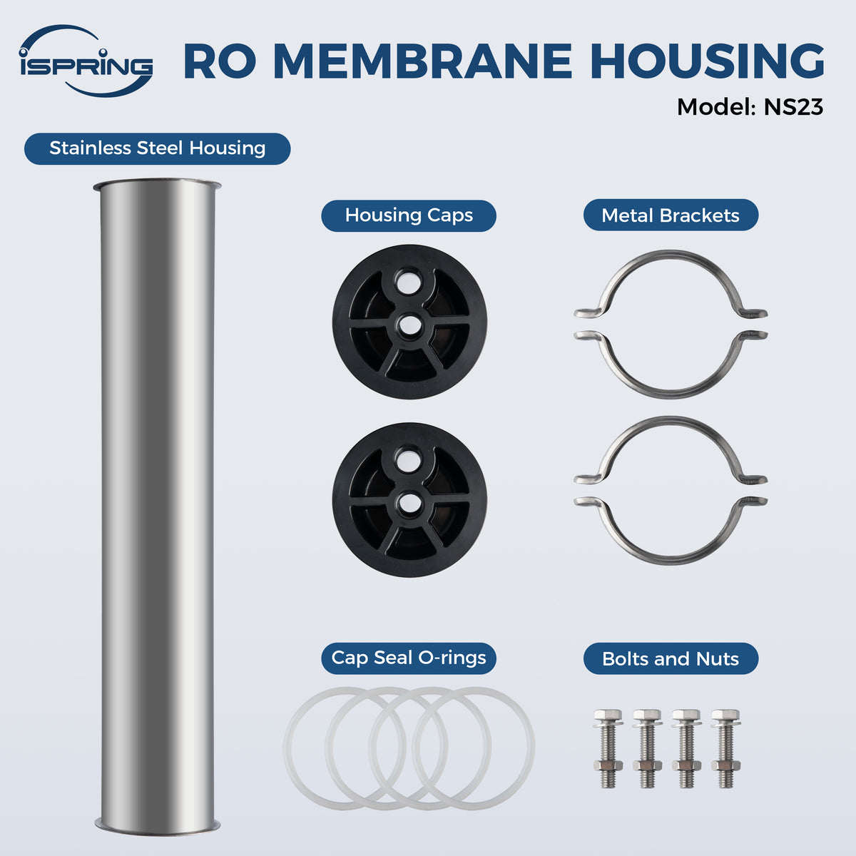iSpring NS23 Stainless Steel Reverse Osmosis Membrane Housing with Cap for CRO1000 & CRO2000