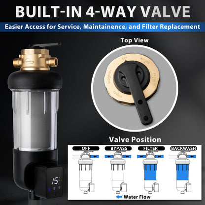 iSpring WSPARJ-BP Whole House Water Filter System Prefilter, Auto Flushing Spin Down Sediment Filter for Well Water, Integrated Bypass, 4-Mode Touch-Screen, Reusable, Jumbo Size