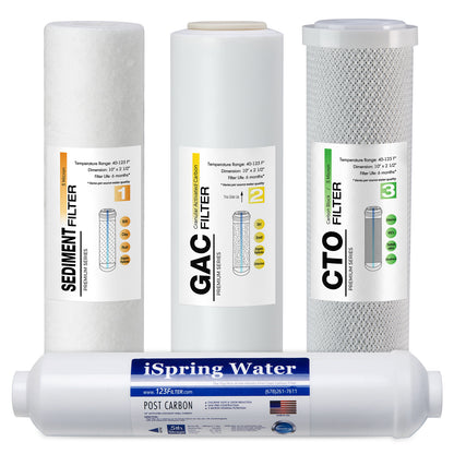 iSpring F4US Standard RO Systems 6-Month Replacement Prefilter Cartridge Pack Set, 4 Filters w/ Sediment, CTO, GAC and Post-Carbon,10" × 2.5"