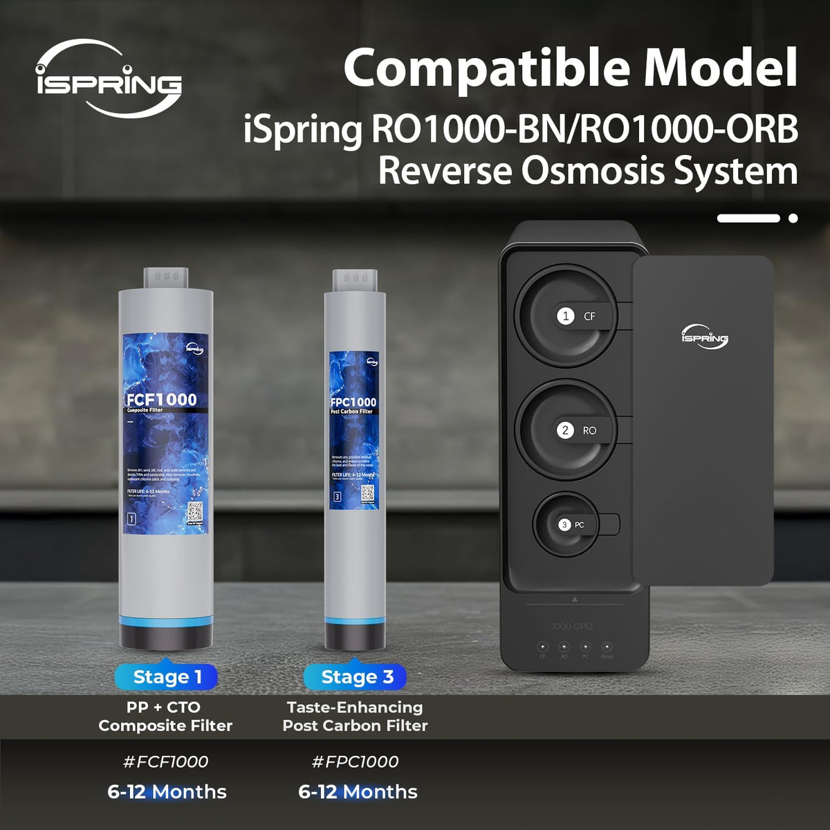 iSpring RO1000 Filter Set,2x FCF1000 & 2x FPC1000 for Stages 1 & 3, Lasts 20-24 Months Based on Use &amp; Water Quality, Compatible with RO1000-BN/RO1000-ORB 1000 GPD Tankless RO Systems