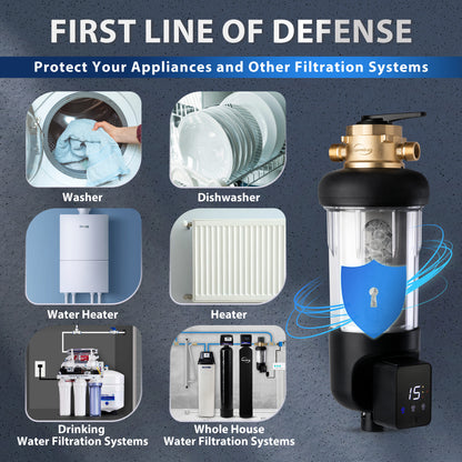 iSpring WSPSL-ARJ-BP NSF Certified, Whole House Spin Down Sediment Water Filter, 4 Modes Bypass, Includes Siliphos Helps Prevent Scale, Clear Housing, Jumbo Size, Touch-Screen Auto Flushing