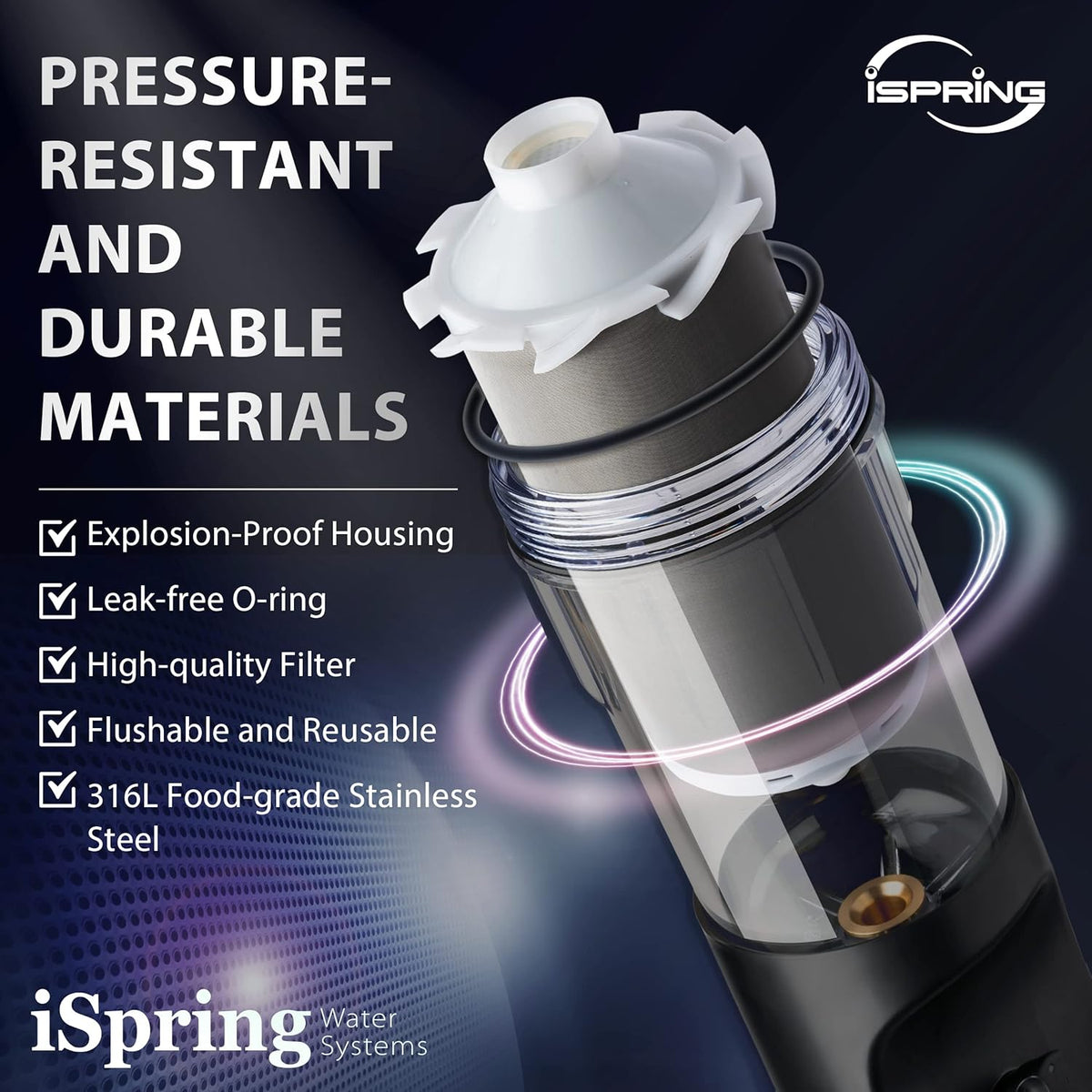 iSpring WSPJ Reusable Whole House Spin-Down Sediment Water Filter, Upgraded Jumbo Size, Large Capacity, 50-Micron Flushable Prefilter Filtration, 1" MNPT + 3/4" FNPT, Lead-Free Brass