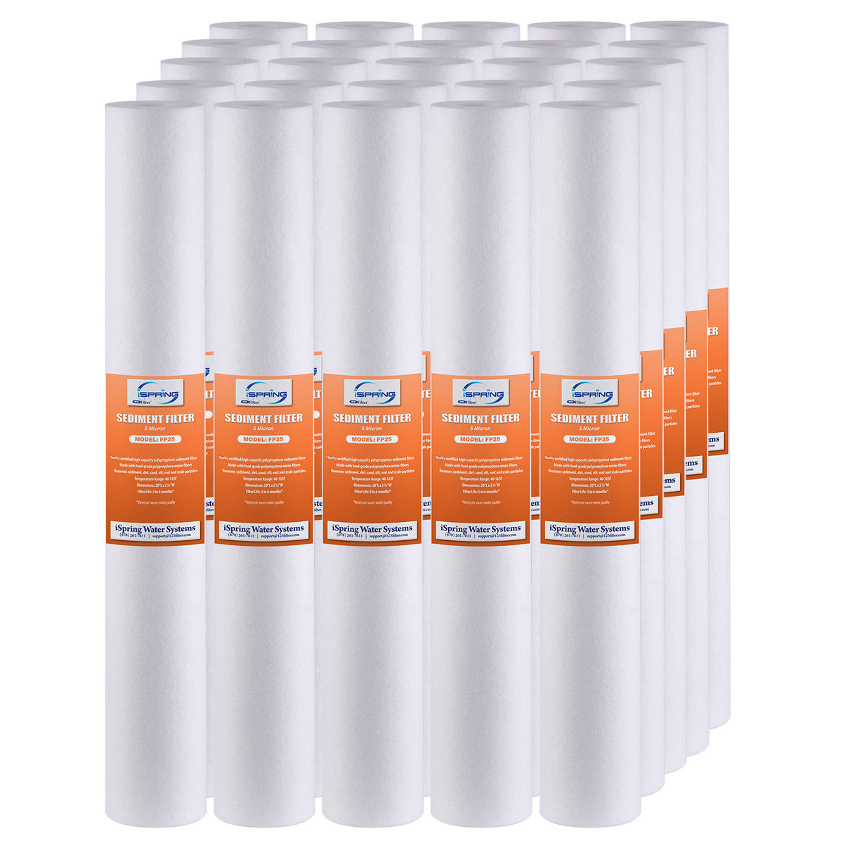 iSpring FP25X25 High Capacity 20” x 2.5” Water Filter Replacement Cartridges - Fine Sediment Filter - 5 Micron - Pack of 25