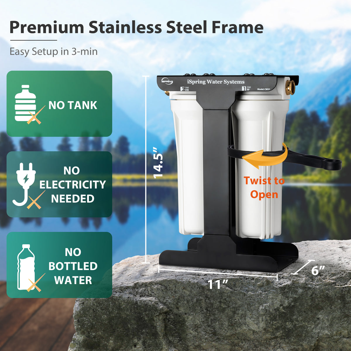 iSpring CW21-PFBV 2-Stage RV Water Filtration System, SGS-Tested PFAS, Bacteria, Viruses Removal, Dual Advanced Filters, 3/4'' Lead-Free Brass Quick Connectors, Tankless, High Capacity