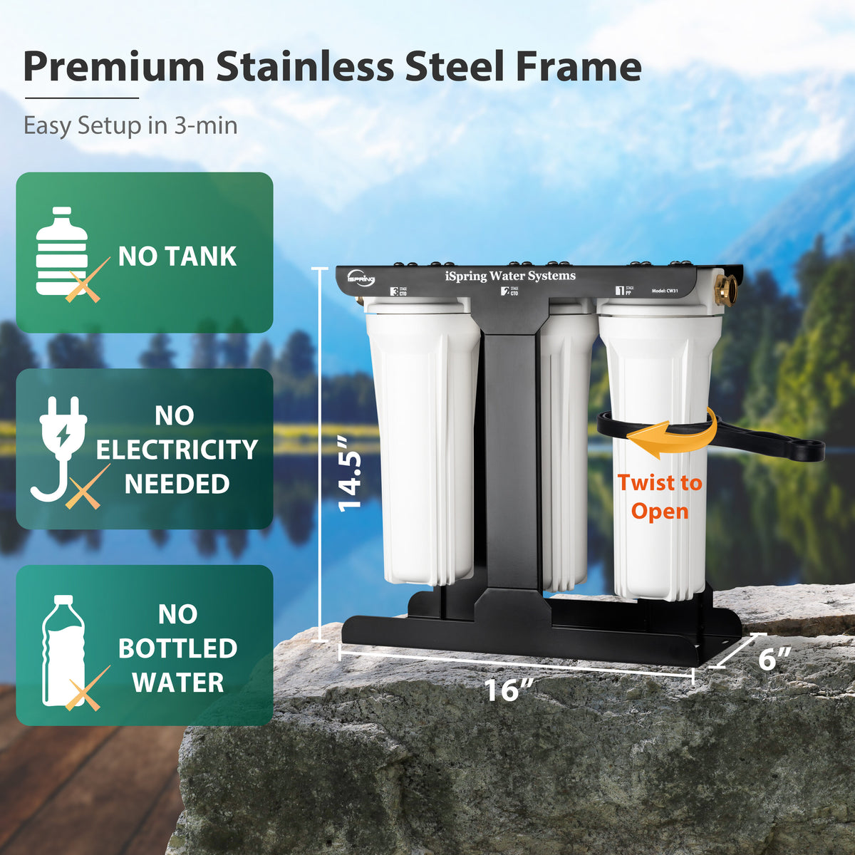 iSpring CW31-PFBV 3-Stage RV Water Filtration System for Campers, Reduces PFAS, Bacteria and Viruses, 3/4'' Lead-Free Brass Hose Quick Connectors, Tankless, High Capacity