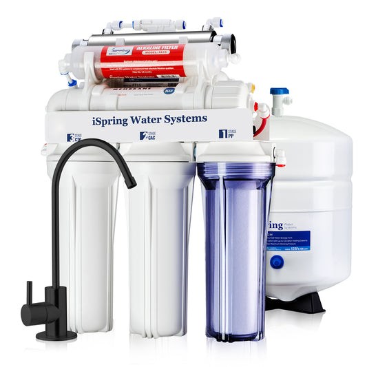 iSpring RCC7AK-UVBLK, NSF/ANSI 58 Certified, Alkaline and UV 7-Stage Reverse Osmosis Water Filter System, Clear Housing for Easy Filter Inspection, Reduces PFAS, TDS, Chlorine, Lead, pH