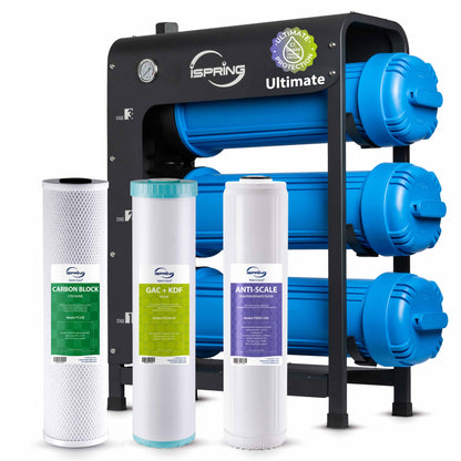 iSpring WHO32B-KDS Whole House Water Filter System, Horizontal Housings & Drain Valve for Spill-Free Filter Changes, Reduces Chlorine, Heavy Metals, Scale, & Odor, 20" x 4.5" Universal Cartridges, Freestanding Metal Frame